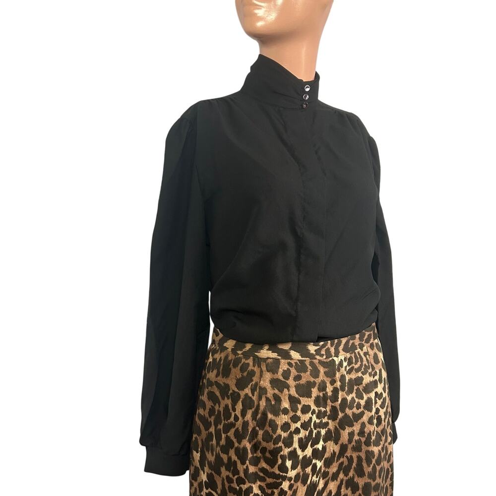 VTG 80s Laura Mae Black Mock Neck L Button Down Pleated Top Dark Academia